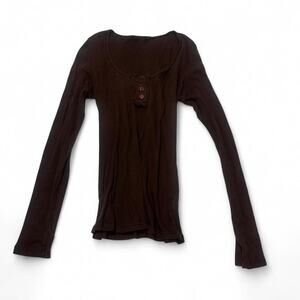 Brown Fitted Full Length 100% Cotton Long Sleeve Top With Button Detail Size M
